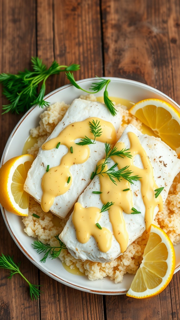 Baked cod fillets topped with mustard dill sauce and garnished with lemon and dill on a wooden table.